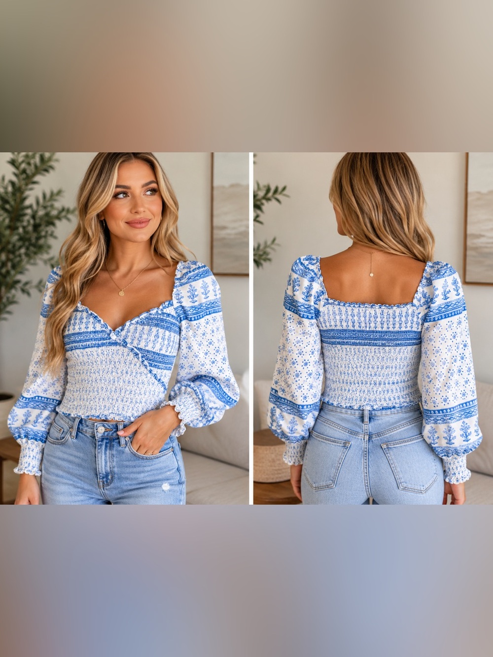 Boho blue floral puff long sleeve crop top